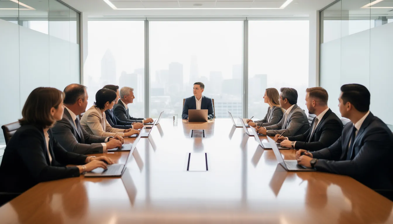 A diverse group of professionals is engaged in a collaborative discussion around a conference table, focusing on corporate governance matters relevant to both public and private companies. Their conversation likely involves key corporate governance issues, including fiduciary duties and board diversity, as they seek to provide legal expertise and advice on compliance and risk management.