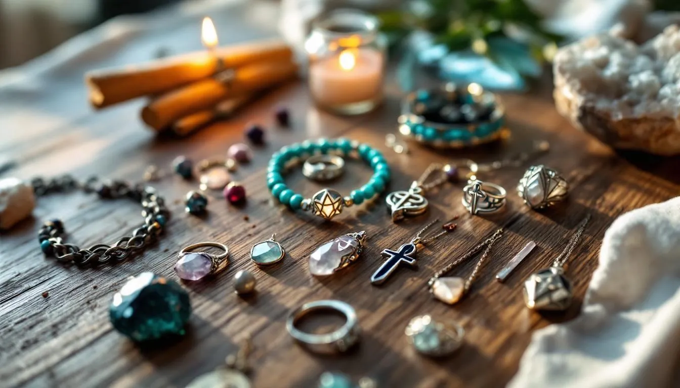 The image features a collection of gorgeous new age jewellery, including beautifully crafted sterling silver bracelets and earrings adorned with vibrant gemstones and crystals, designed to enhance healing energies and support one's spiritual journey. This stunning range symbolizes protection and joy, inviting wearers to connect with their soul and uplift their spirit during meditation and everyday life.