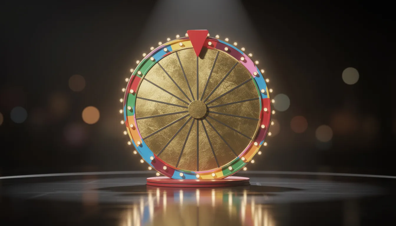 En färgglad prisrad med gyllene segment och glödande lampor står i centrum, vilket skapar en festlig atmosfär. Denna bild kan associeras med spännande spelupplevelser hos Mega Riches casino, där spelare kan vinna stora priser och njuta av bonusar som 150 free spins.