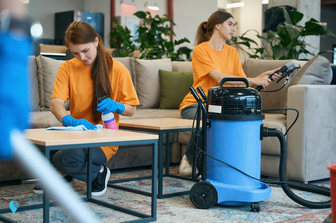 Commercial cleaning employees working