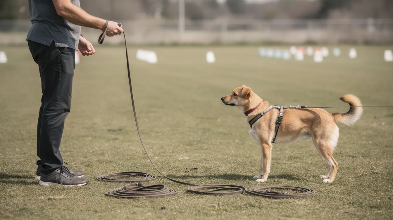 Long Line Training for Dogs: Complete Guide to Distance Control and Recall 2 The image depicts a dog owner in an open field, using a long line to train their dog, who is happily running and exploring while maintaining a safe distance. The scene emphasizes the balance between providing the dog with freedom and ensuring the owner's control during recall training.