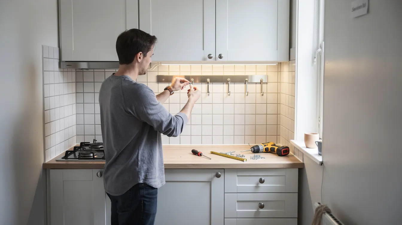 En person monterar krokar och en magnetlist på en vägg i ett trångt kök, vilket skapar mer förvaringsutrymme och gör det enklare att organisera köksredskap. Det lilla köket är ljust och inrett med smarta lösningar för att maximera platsen.