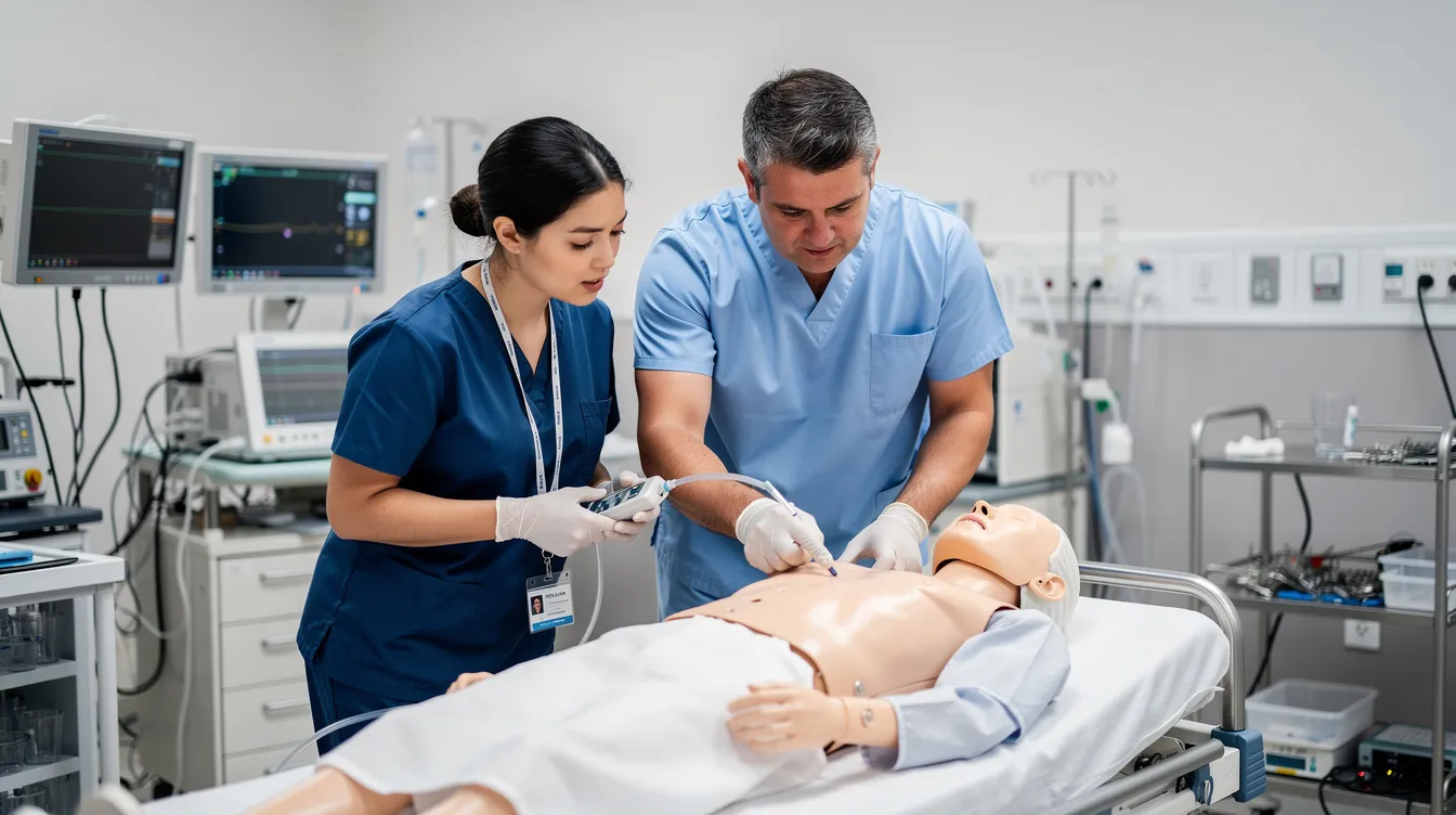 A mentor guiding an apprentice through a technical task in a healthcare training environment.