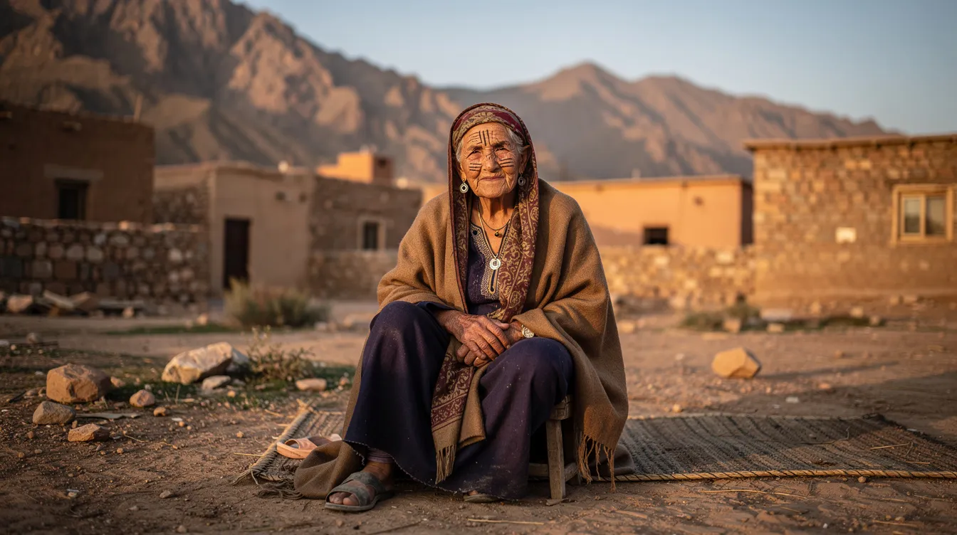 An elderly North African woman, dressed in traditional rural clothing, sits gracefully near the houses of a mountain village, showcasing her numerous geometric facial tattoos that reflect her rich Amazigh heritage. These tattoos, significant in Berber culture, symbolize her tribal identity and the cultural importance of tattooing traditions among Amazigh women.