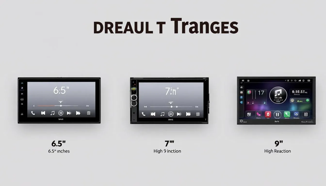 The image showcases a comparison of various car audio head unit sizes and displays, highlighting their features and designs. Each unit is engineered to enhance the vehicle's audio system, providing superior performance and deep bass for an elevated music experience on the road.