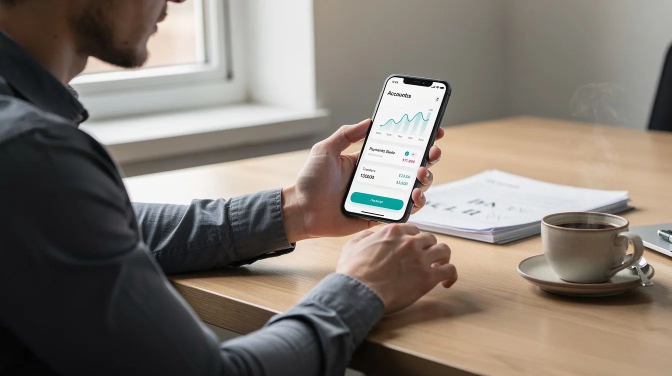 A person is seated at a desk, using the HSBC mobile banking app on their smartphone to manage their accounts while enjoying a cup of coffee. The scene suggests they are engaged in online banking, possibly preparing to send money internationally or check their account details.