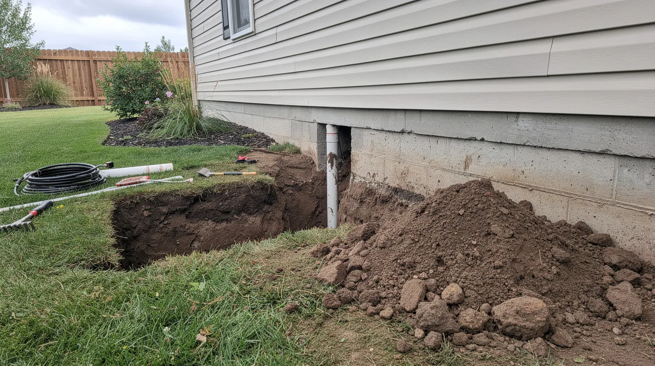 The image depicts a residential backyard featuring a small excavation pit located near the foundation, designed for trenchless pipe access to address sewer line repair needs. This setup allows for minimal digging while facilitating necessary repairs to the damaged sewer line.