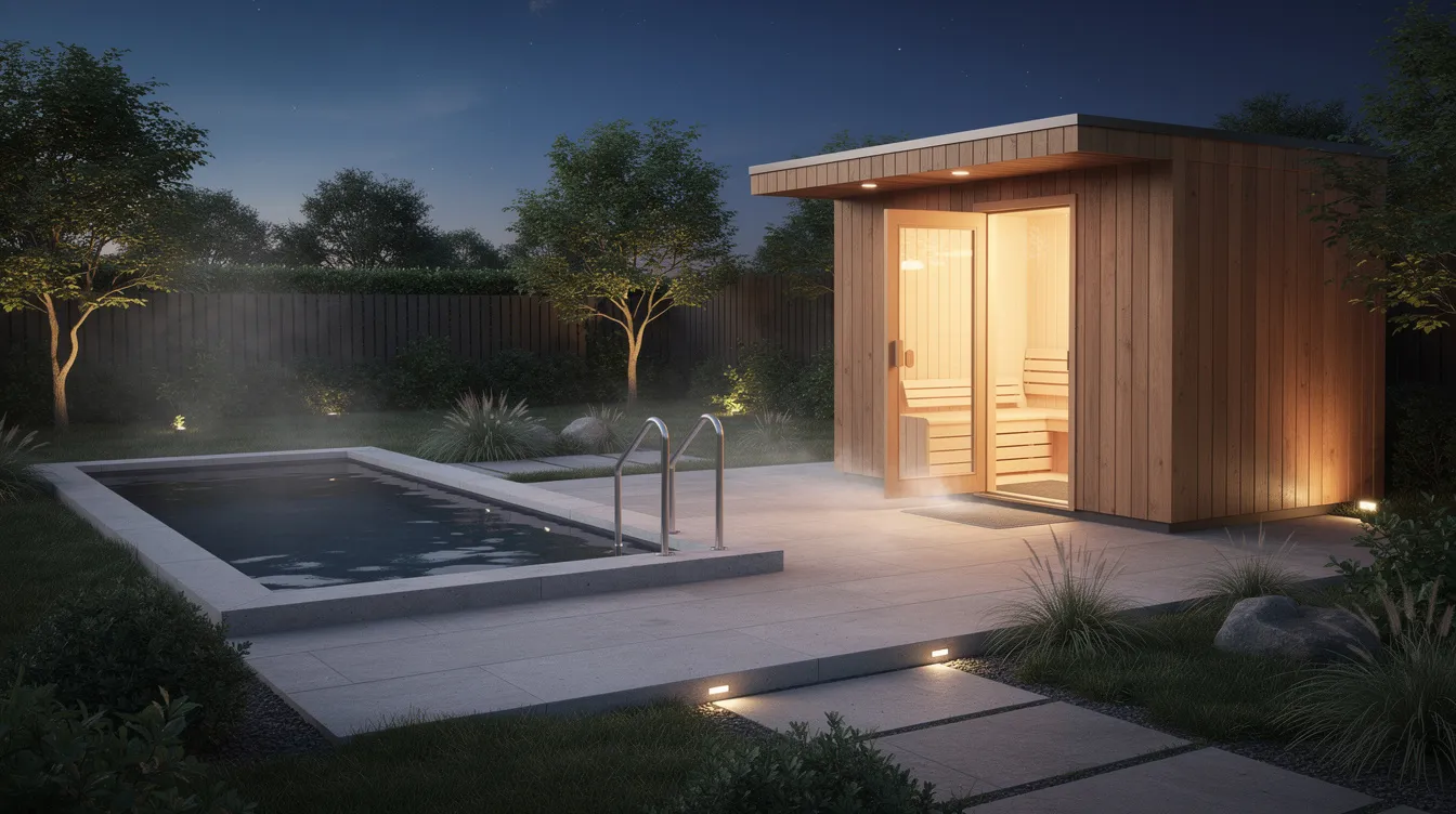 Outdoor sauna and cold plunge wellness setup at dusk