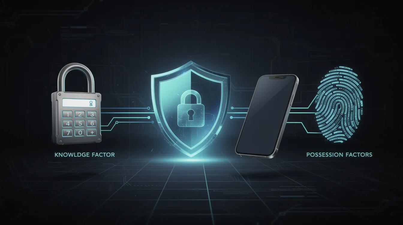 The image depicts a horizontal illustration of a cybersecurity concept, featuring three authentication factors: a password lock symbolizing knowledge factors, a smartphone representing possession factors, and a fingerprint indicating inherent biometric factors, all linked to a secure login gateway. The dark cyber grid background, enhanced by glowing blue network lines, emphasizes the importance of multi-factor authentication in protecting user identities and sensitive information from unauthorized access.