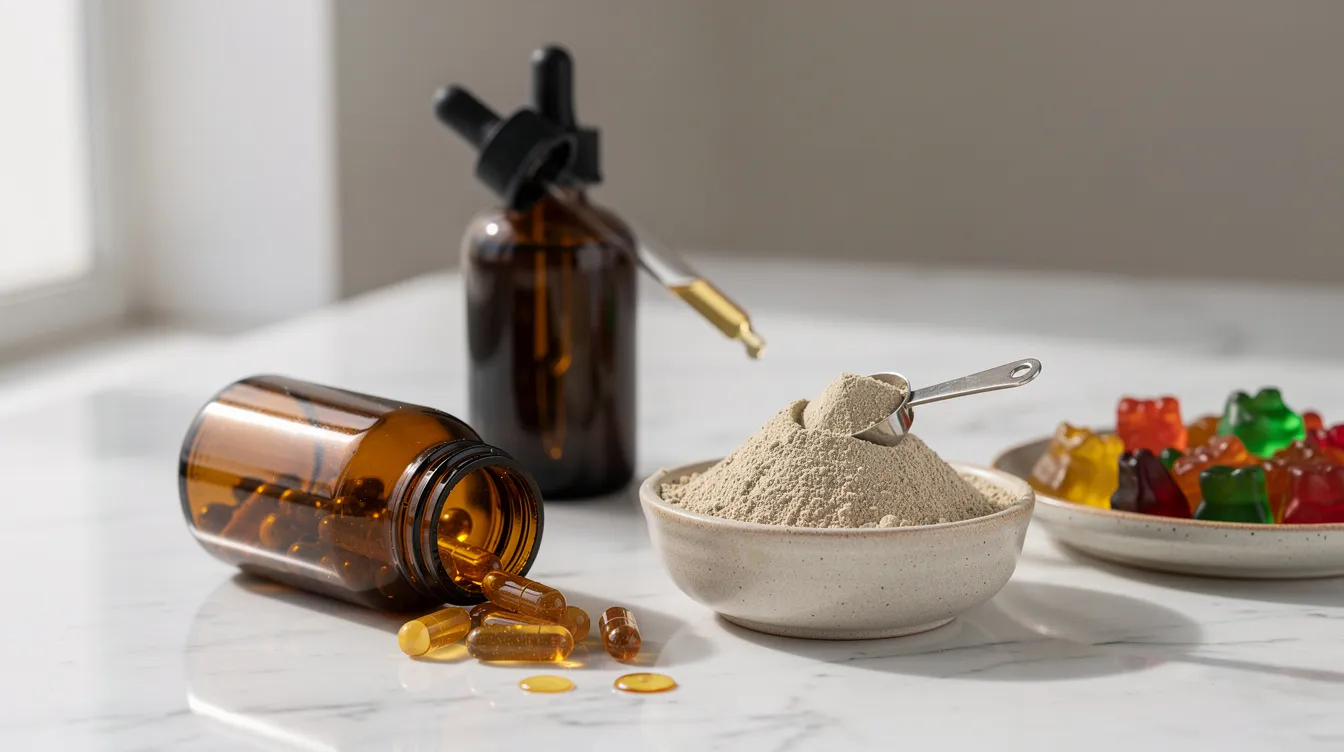 The image features a variety of supplement forms including capsules, a bowl of powder, a tincture bottle with a dropper, and colorful gummies, all beautifully arranged on a sleek marble countertop. These products, which may include reishi mushroom supplements known for their adaptogenic properties, are designed to support relaxation, improve sleep quality, and enhance overall wellness.