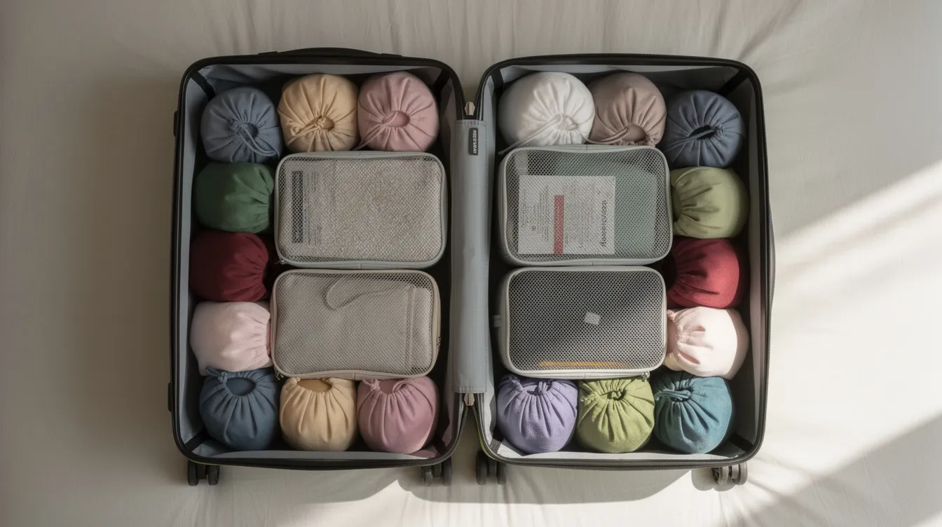 An open suitcase is seen from above, featuring neatly arranged travel shoe bags along the edges, while packing cubes occupy the center space, providing an organized travel solution for shoes and clothes. The shoe bags are designed to protect against dirt and odors, ideal for storing wet shoes or bulky hiking boots during trips.
