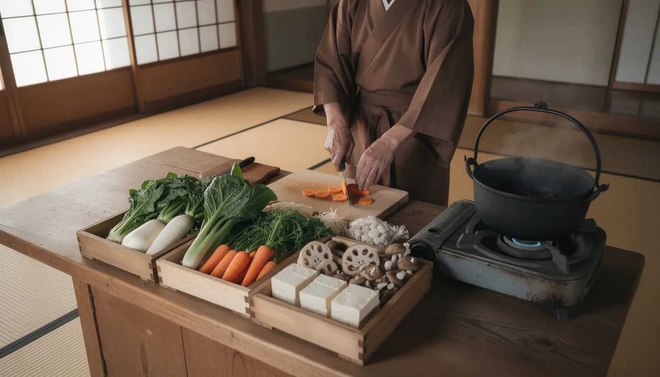 A serene scene inside a traditional Japanese Buddhist temple kitchen, where fresh vegetables like cucumbers and edamame are being meticulously prepared for wholesome vegan dishes. This representation of vegan Japanese food highlights the essence of Zen Buddhism, focusing on balance and simplicity in cuisine.