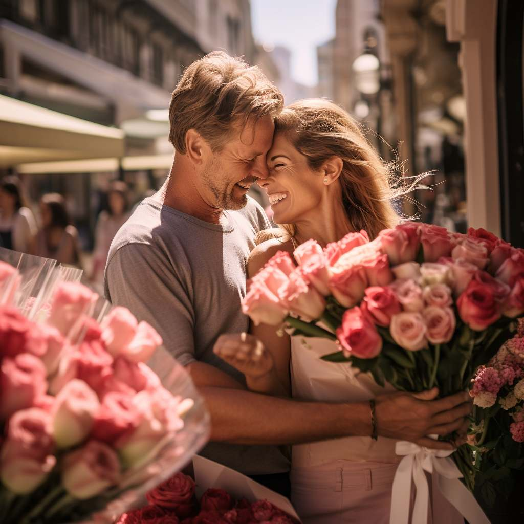 Flowers delivered to a happy smiling blonde women, her partner smiling in February Valentines Day