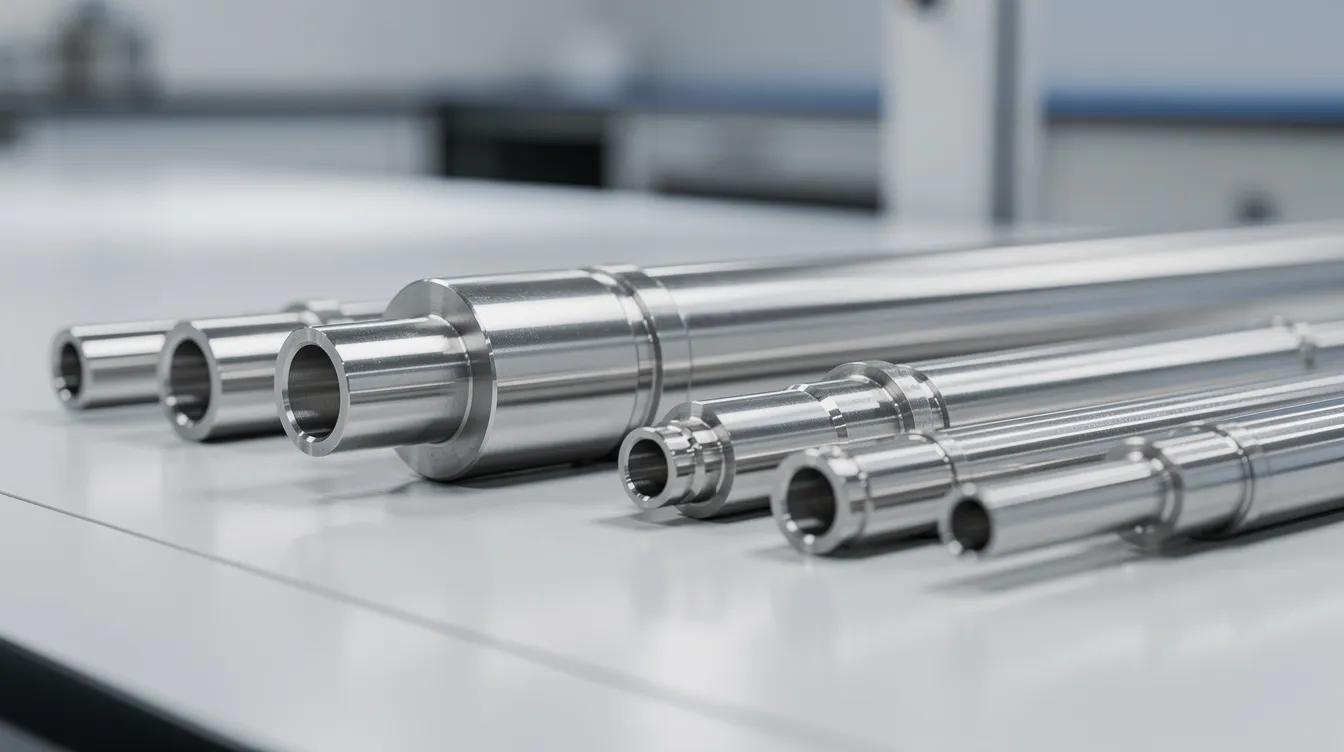 A close-up view of precision turned stainless steel shaft components showcases their mirror-like surface finish, arranged neatly on an inspection table, highlighting the exceptional precision and quality control typical of advanced CNC machining processes. These components exemplify the tight tolerances and high standards upheld by top CNC machining companies.