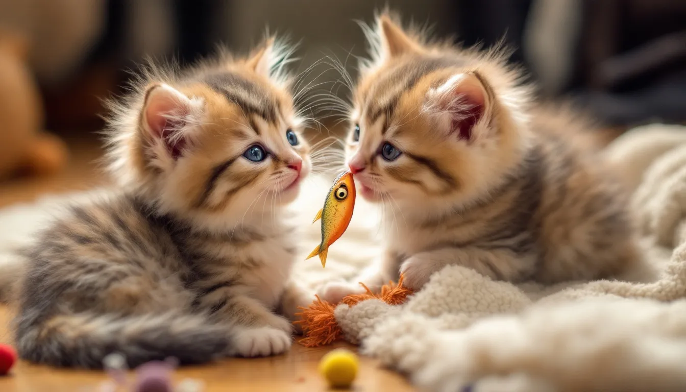 Twee kittens spelen met een hengel, met ingetrokken nagels en ontspannen oren, terwijl hun losse staarten vrolijk bewegen. Het lijkt op een schattig spelletje waarin ze elkaar zachtjes uitdagen, zonder echte agressie te tonen.