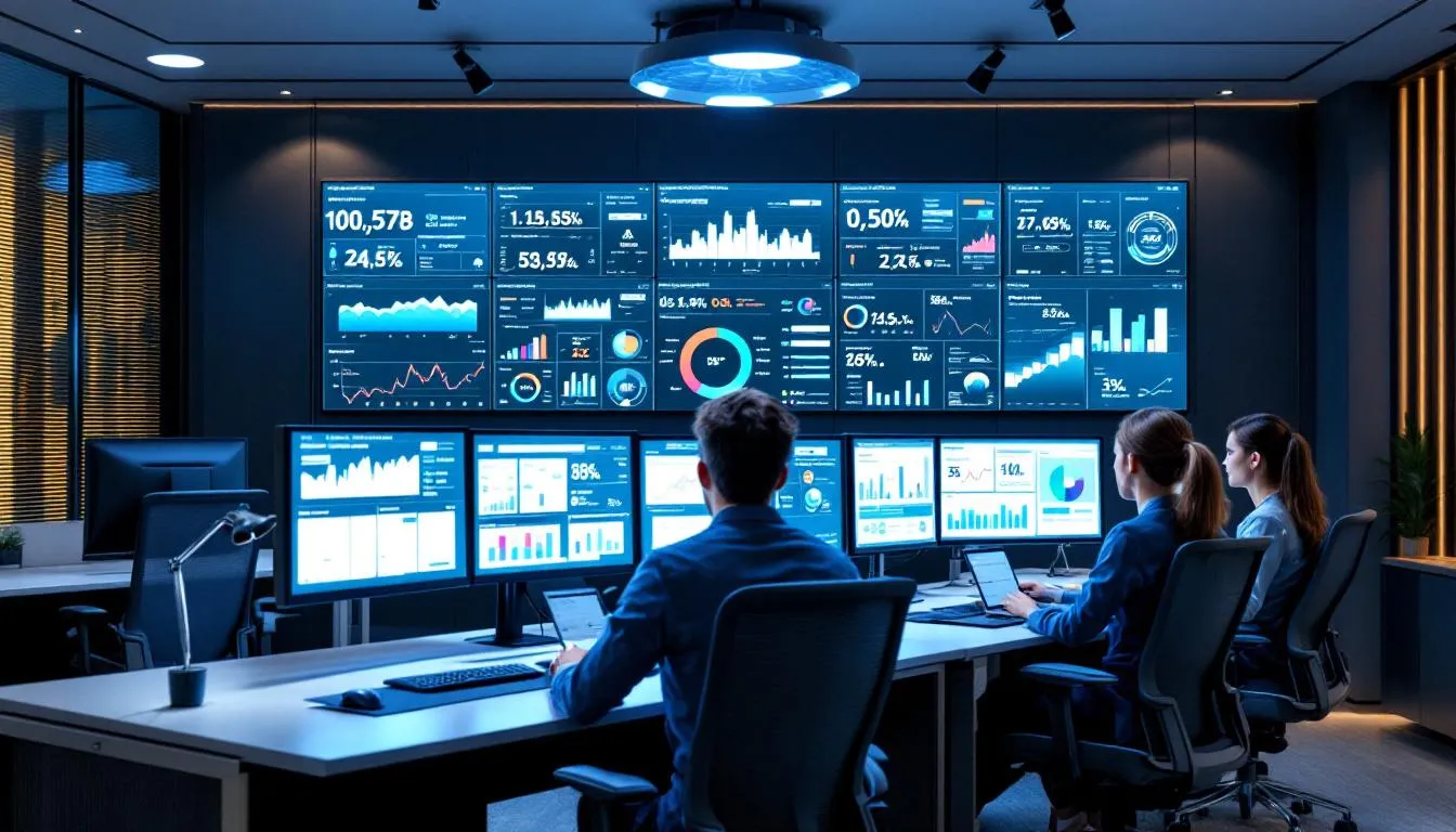 A modern hotel revenue management workspace featuring multiple monitoring screens displays real-time data on total revenue, operating expenses, and profit margins, allowing for informed decisions to boost revenue and enhance guest satisfaction. The setup emphasizes the importance of operational efficiency in the hotel industry for maximizing net operating profit.