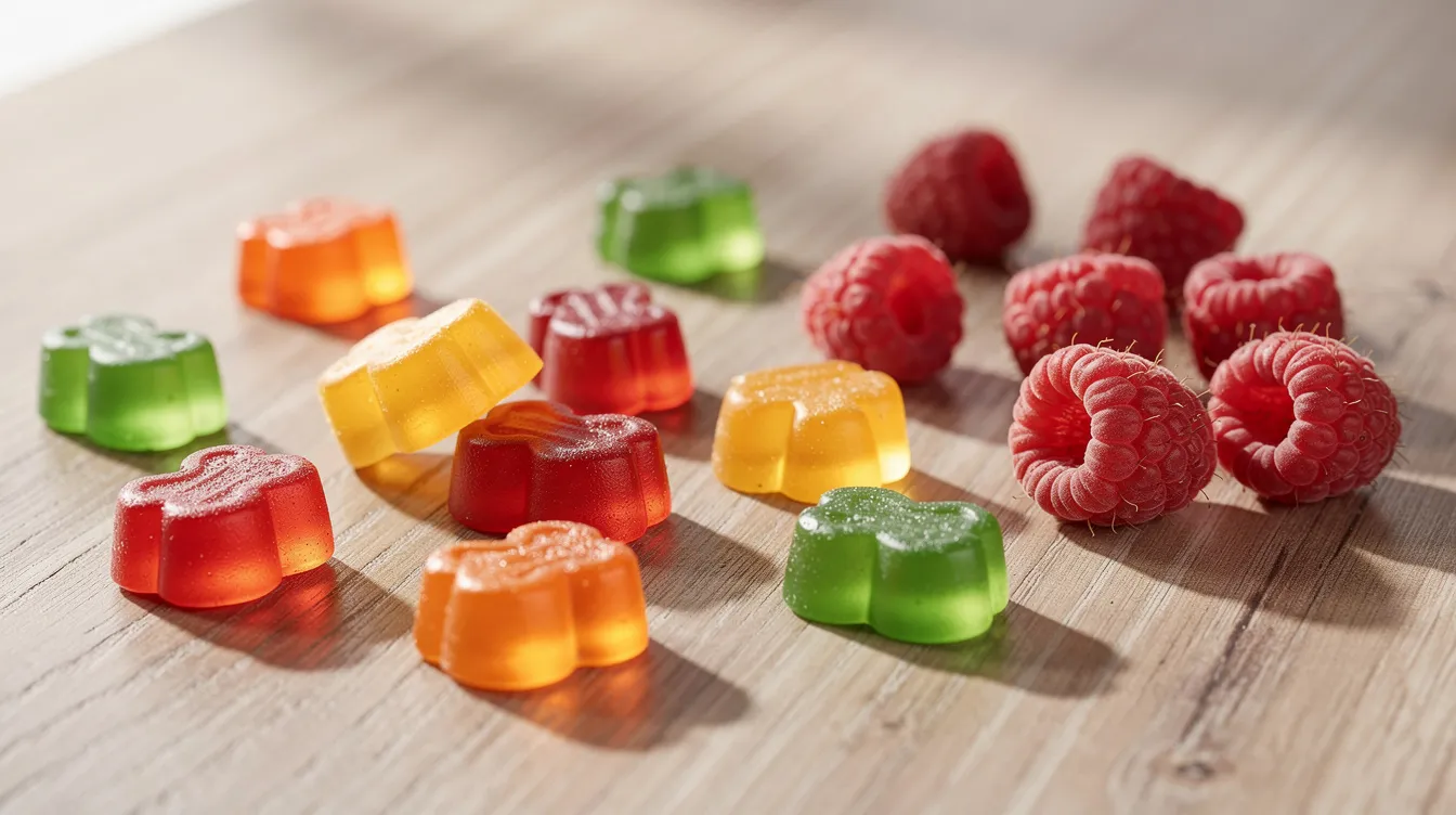 The image displays an assortment of colorful mushroom gummies scattered across a light wooden table, accompanied by fresh raspberries, highlighting the appeal of these dietary supplements for brain health and immune support. These gummy supplements, made from various functional mushrooms like lion's mane and turkey tail, offer unique health benefits while tasting amazing.