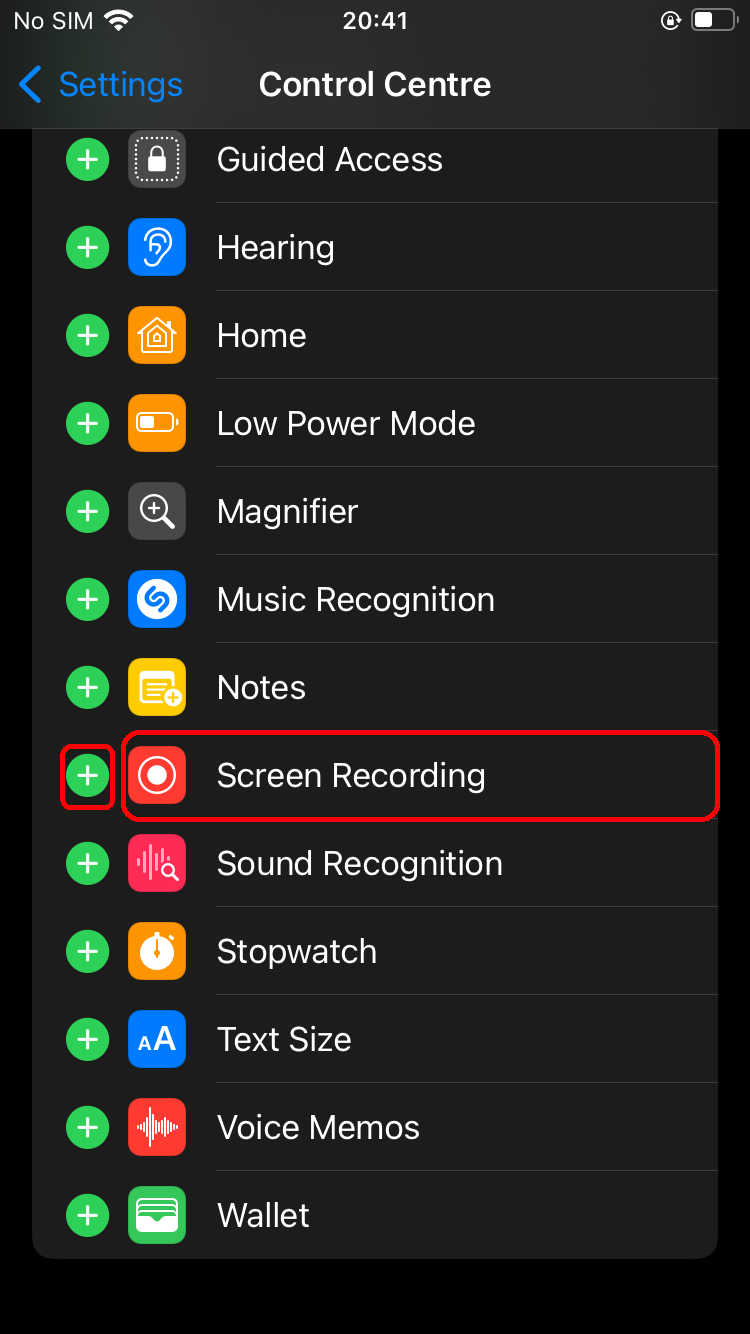 iPhone Screen Recording option in the control center