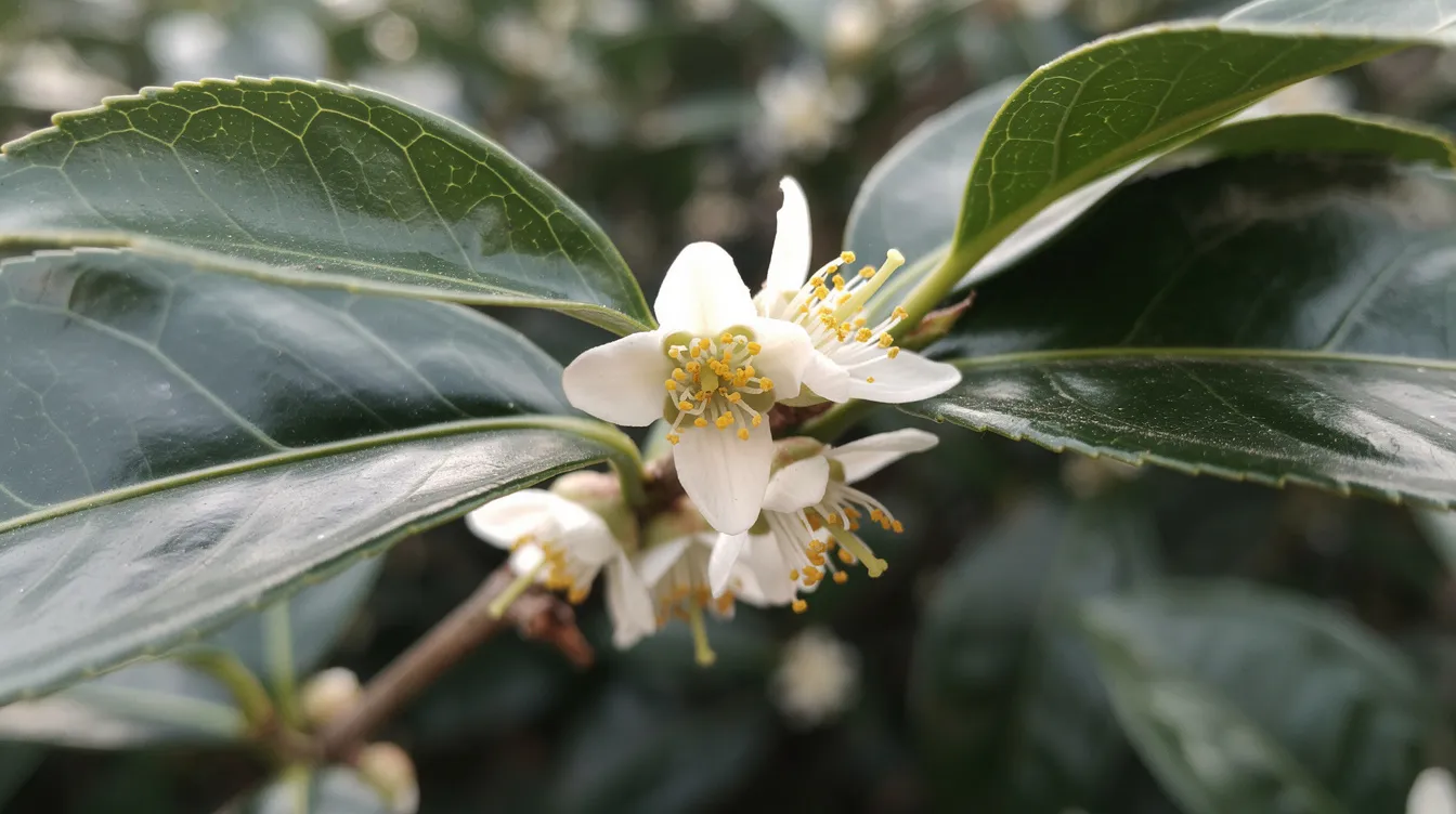 Camellia sinensis – liście i białe kwiaty krzewu herbacianego