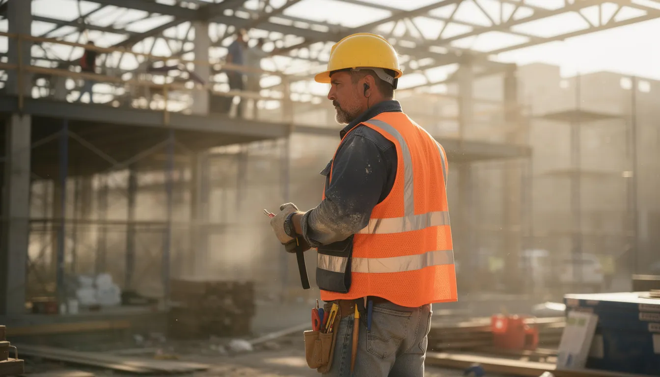 A construction worker is focused on his task, not looking at the camera, while wearing personal protective equipment on a job site. This image highlights the importance of safety regulations and the potential for workplace injuries that could lead to workers compensation claims.