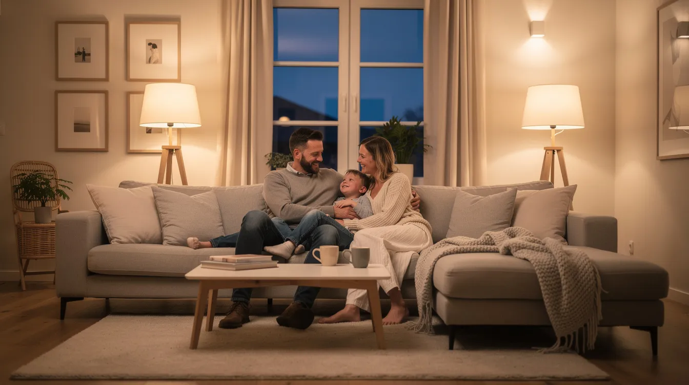 En familj sitter bekvämt i en stor, modern italiensk soffa i ett mysigt vardagsrum, där den mjuka belysningen skapar en varm atmosfär. Soffan, med sin eleganta italienska design, erbjuder både komfort och stil.