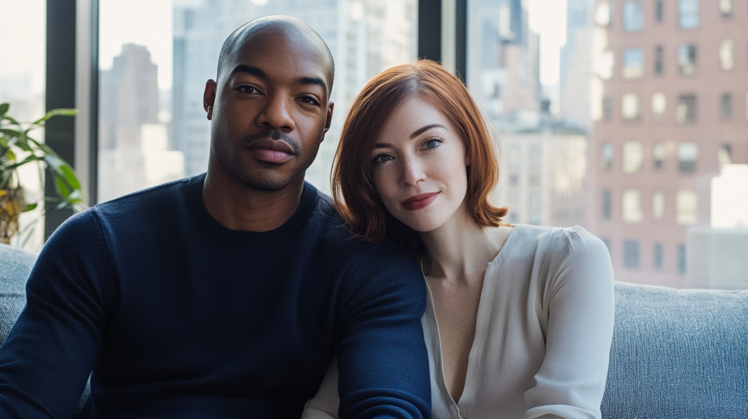 Interracial couple sitting together in a Manhattan apartment, reflecting the thoughtful emotional work of cognitive behavioral therapy in New York