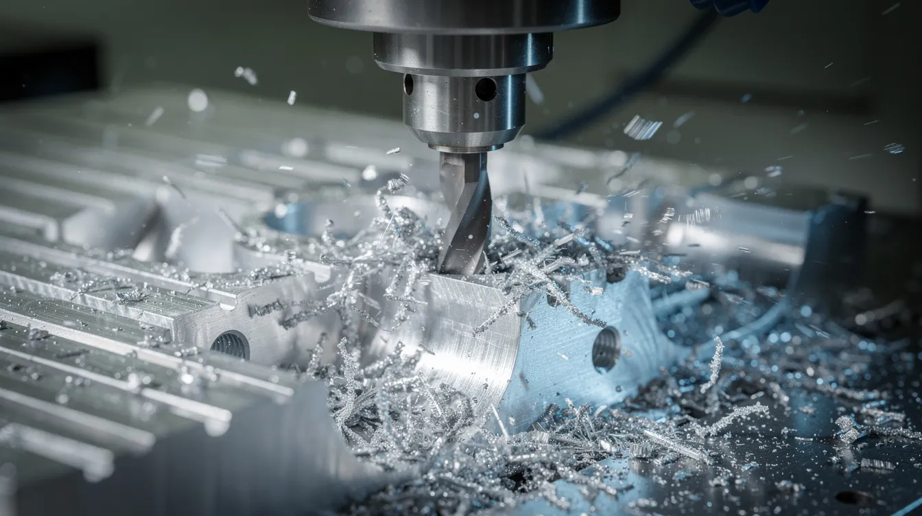 A close-up view of a CNC machine engaged in the precision machining process, cutting an aluminum workpiece while coolant spray is visible, highlighting the controlled removal of material and the use of specialized tooling for tight tolerances in the manufacturing industry. The scene showcases the advanced equipment essential for producing complex geometries and high-quality machined components.