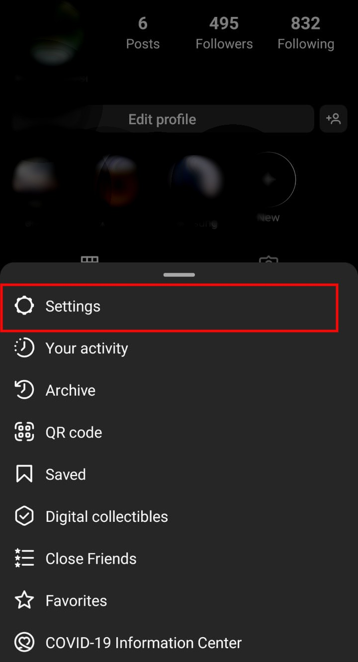 settings button in instagram