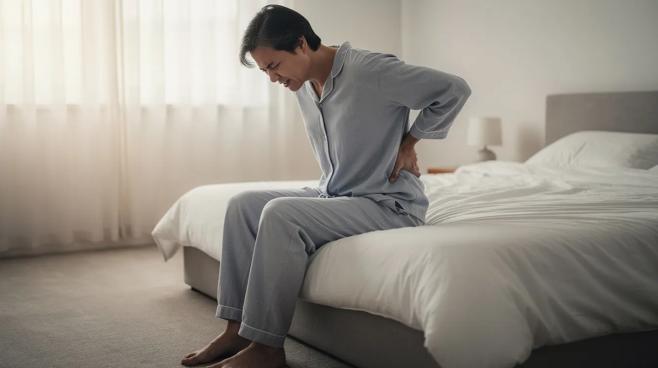 An individual is sitting on the edge of a bed, visibly holding their lower back in discomfort, illustrating the challenges faced by those with chronic pain. This scene highlights the impact of physical disabilities on daily life and the importance of seeking social security disability benefits for financial support.