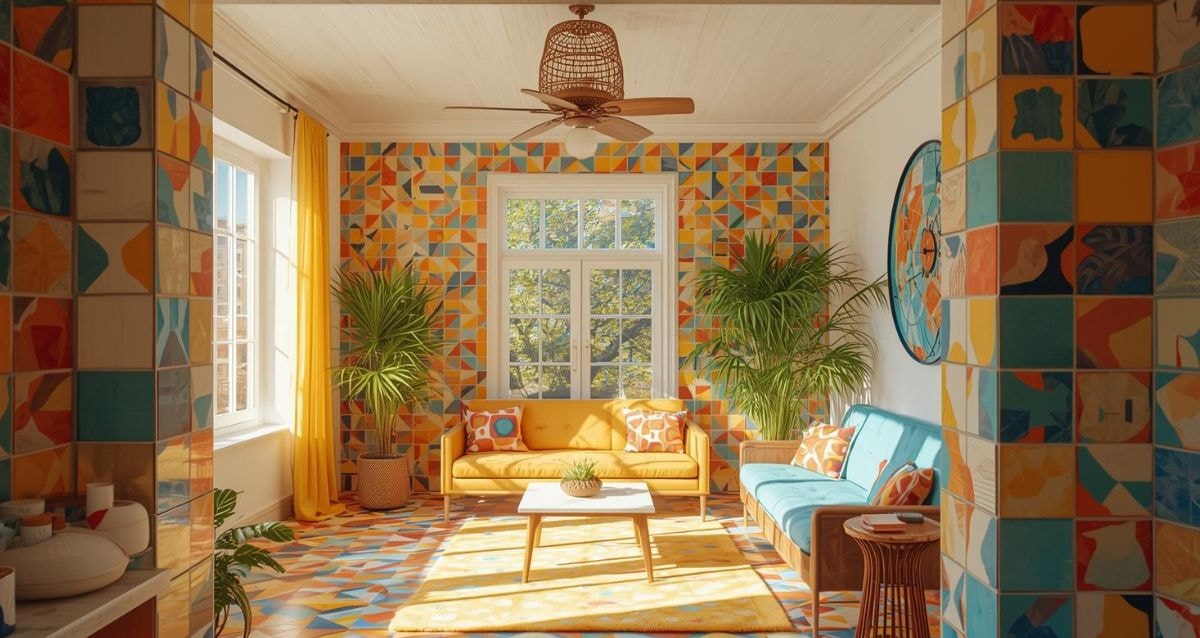 A mix of retro tiles to create a living room space that is exciting and bold