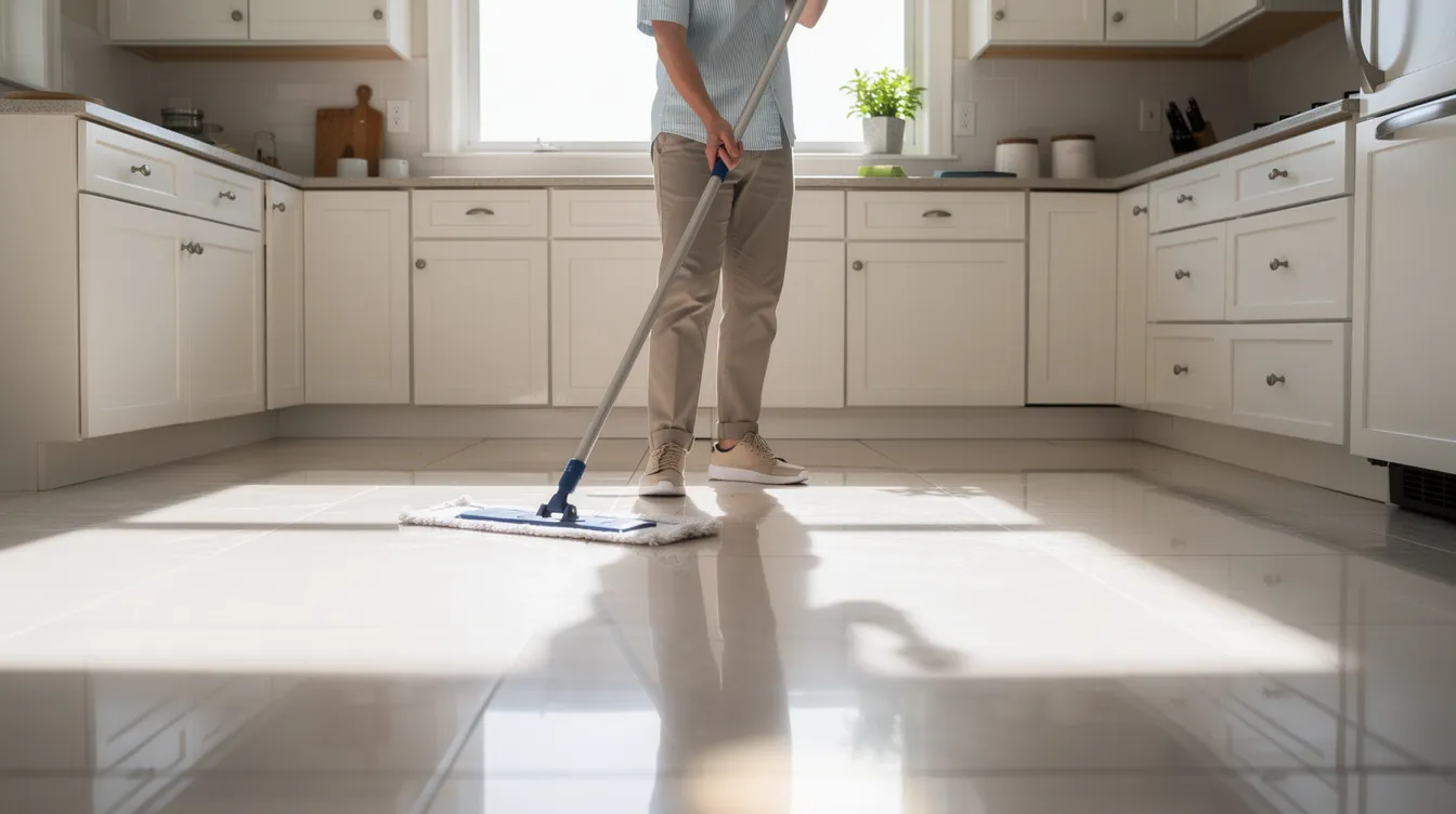 A person is mopping a light-colored tile floor in a bright kitchen, surrounded by cabinets and a window that lets in natural light. This scene reflects the importance of turnover cleaning to maintain the quality and cleanliness of hard surface floors in a home.