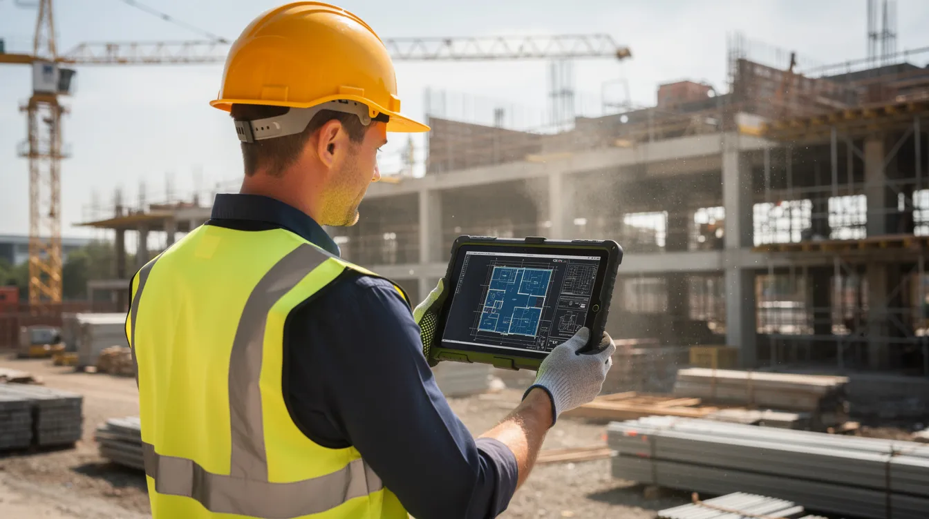 A person wearing a hard hat is focused on a tablet, reviewing digital building plans at a construction site, illustrating the use of construction technology in project management. This scene highlights the importance of construction management services in ensuring the success of complex projects.