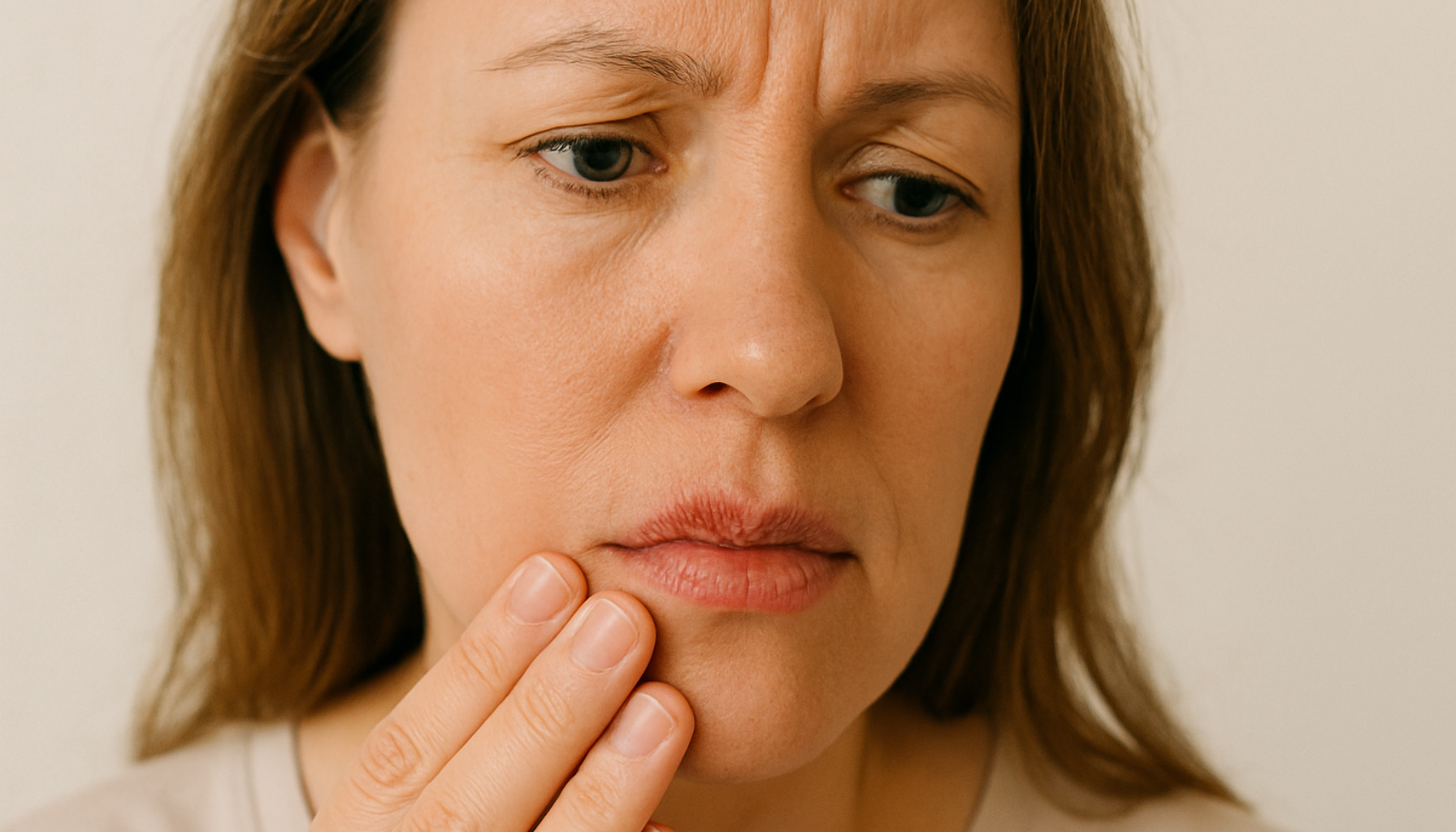 Kvinne som berører leppen med synlig forkjølelsessår foran en lys og nøytral bakgrunn.