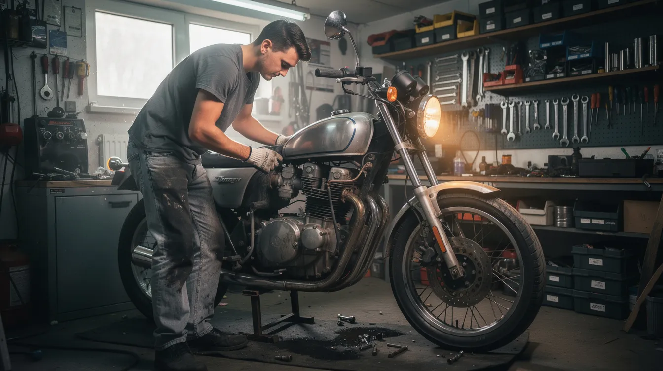 732ef984 73cb 4a45 bb58 6cb0d6401a26 A young entrepreneur is intently examining a motorcycle engine in a small repair workshop, showcasing dedication to understanding the machinery necessary for their business. This scene reflects the journey of small enterprises seeking business financing and the potential for growth through initiatives like the Mudra scheme.