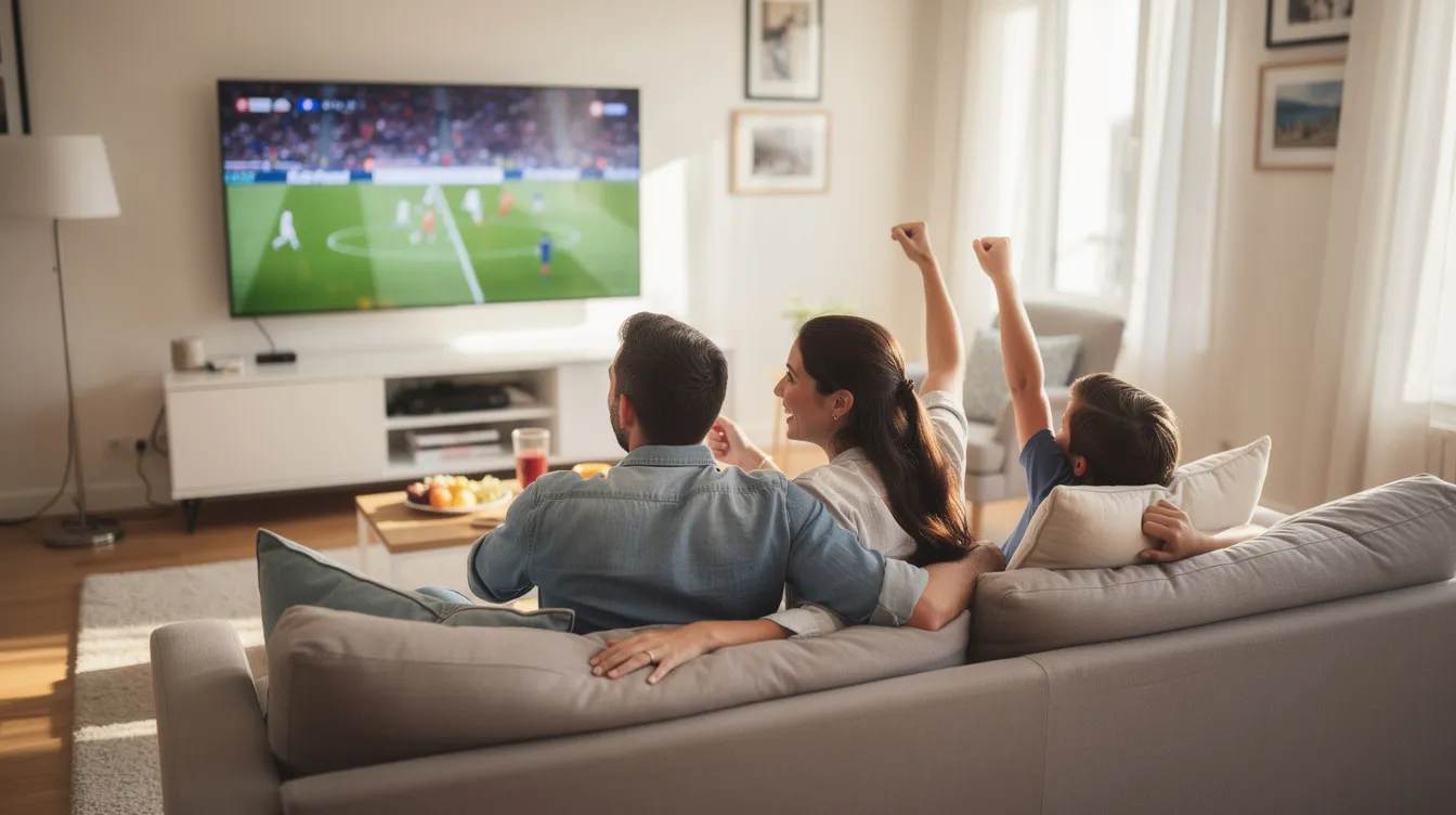 Une famille est réunie dans un salon lumineux, regardant un match de sport sur une grande télévision en full HD. L'ambiance est conviviale, et ils profitent de l'expérience de diffusion en direct grâce à leur abonnement IPTV, tout en discutant des meilleures chaînes de sport disponibles.