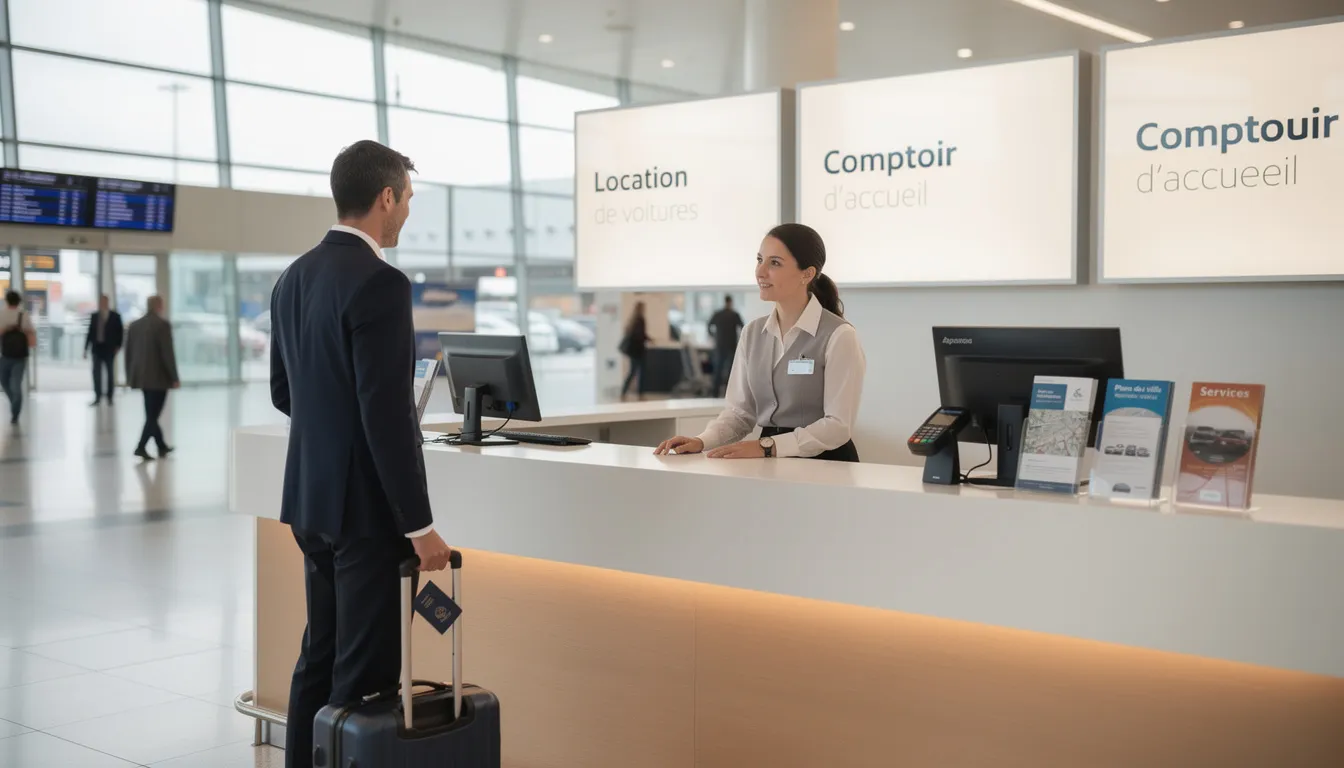 L'image montre un comptoir de location de voiture dans un aéroport, où un agent aide un client à finaliser la location d'un véhicule. On peut voir des documents, une carte de crédit et des informations sur le paiement en arrière-plan.