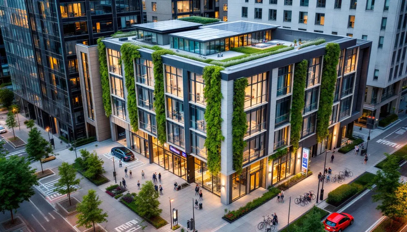 The image depicts a modern hotel exterior featuring sustainable design elements, set in an urban environment, highlighting the hospitality industry's commitment to environmental sustainability and innovative practices. The building showcases eco-friendly materials and design, reflecting current trends in the global hospitality sector aimed at enhancing guest satisfaction and personalized experiences.