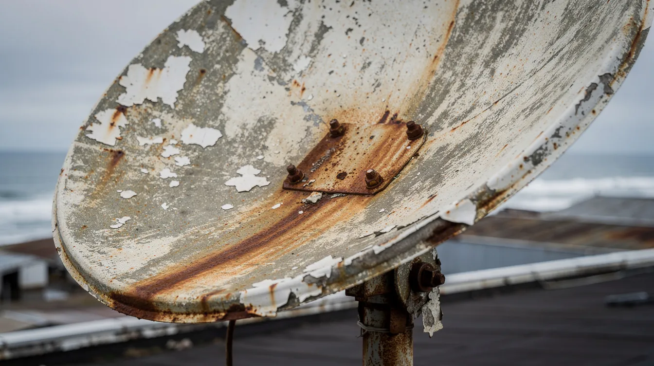 The image shows a weathered satellite dish with visible rust and signs of coastal corrosion, indicating potential dstv signal problems. This deterioration may lead to issues with signal strength and quality, affecting dstv channels and reception.
