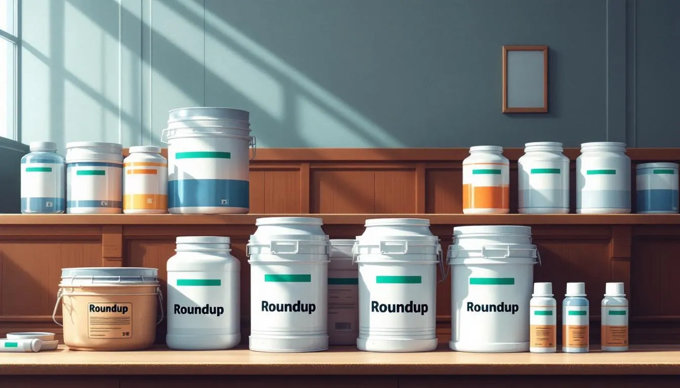A collection of empty and partially filled Roundup containers, illustrating the importance of gathering evidence for a lawsuit.