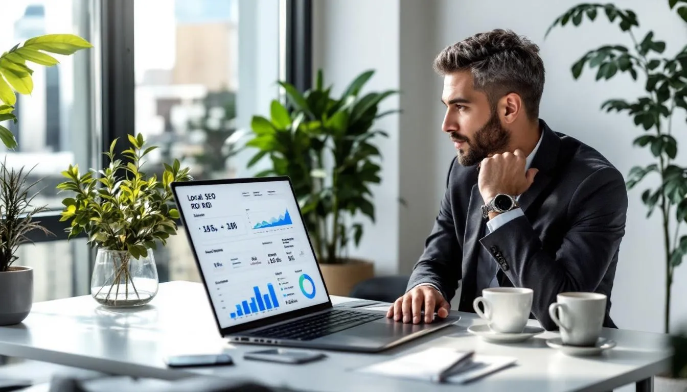 A business owner is seated at a desk, intently reviewing local SEO ROI reports on a laptop. The reports highlight metrics related to local search rankings and visibility in local search, reflecting the effectiveness of their local SEO strategies in attracting more local customers and enhancing their online presence. A business owner is seated at a desk, intently reviewing local SEO ROI reports on a laptop. The reports highlight metrics related to local search rankings and visibility in local search, reflecting the effectiveness of their local SEO strategies in attracting more local customers and enhancing their online presence.