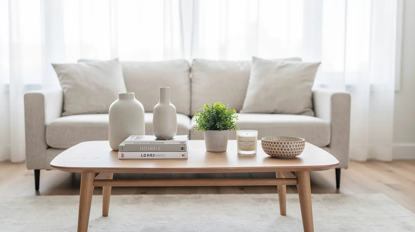 Das Bild zeigt ein helles Wohnzimmer mit kleinen Dekorationsgegenständen wie Vasen und Bilderrahmen, die ordentlich auf einem Couchtisch und in Regalen angeordnet sind. Diese gemütliche Umgebung unterstreicht die Attraktivität von Vintage-Artikeln und beliebten Kategorien für diejenigen, die online verkaufen möchten, insbesondere für eBay-Verkäufer, die eine hohe Käufernachfrage haben.
