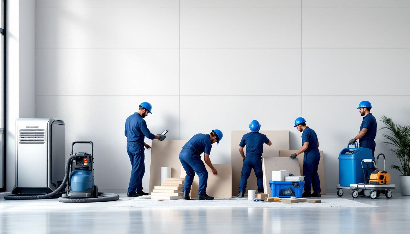 An overview of the water damage restoration process with equipment in use.