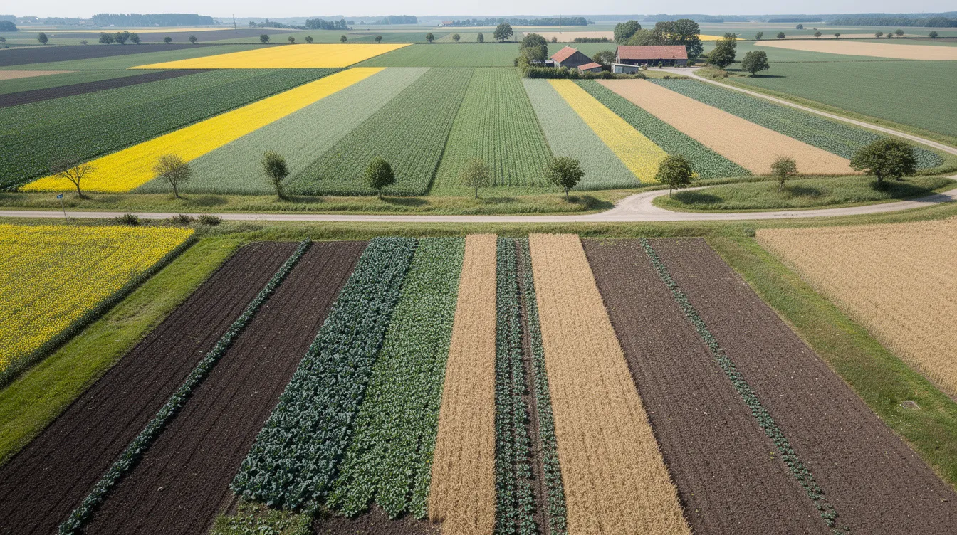 An aerial view showcases a patchwork of agricultural fields with various crops, illustrating crop rotation patterns and a sustainable farming landscape. This image highlights the importance of pulse crops, such as dry peas and chickpeas, in promoting sustainable agriculture and meeting the rising consumer demand for plant-based proteins and meat alternatives.