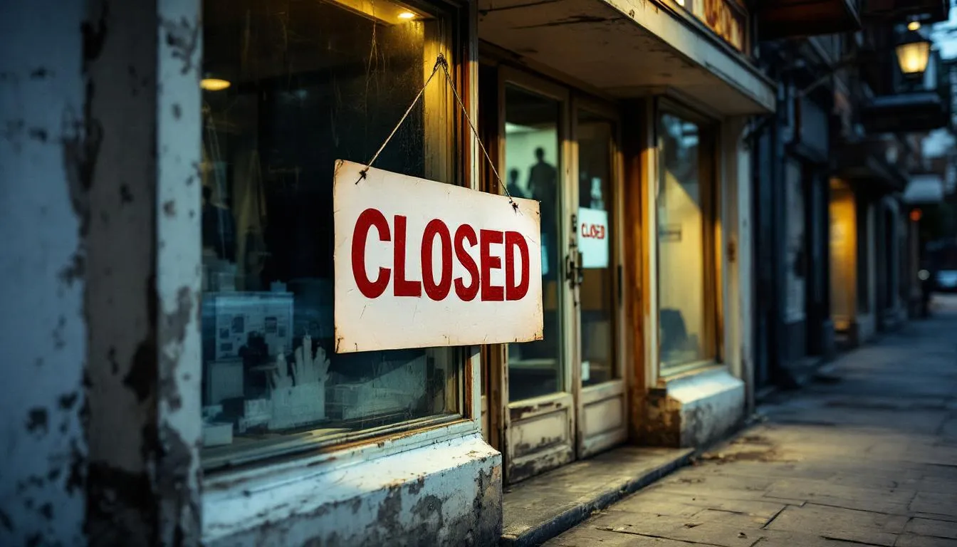 The image depicts an empty storefront with a "closed" sign, symbolizing the failure of businesses to adapt to the digital age and maintain a strong online presence. This highlights the importance of digital marketing strategies and customer engagement in today's hyper-connected world for achieving business success.