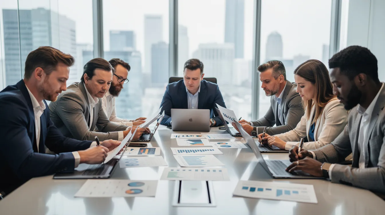 A group of startup founders is seated around a conference table, intently reviewing various business documents related to corporate governance and intellectual property. The atmosphere is focused, indicating discussions on legal protections and strategies for raising capital with venture capital firms and angel investors.