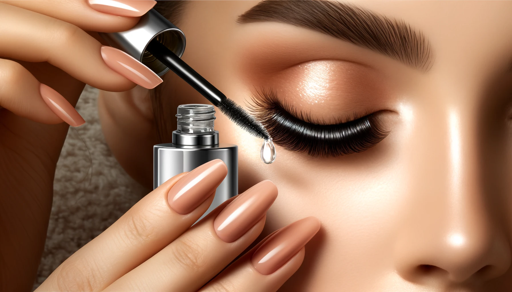 A close-up showing the application of an eyelash serum as a healthy alternative to eyelash extensions. Shows an elegant hand applying the serum