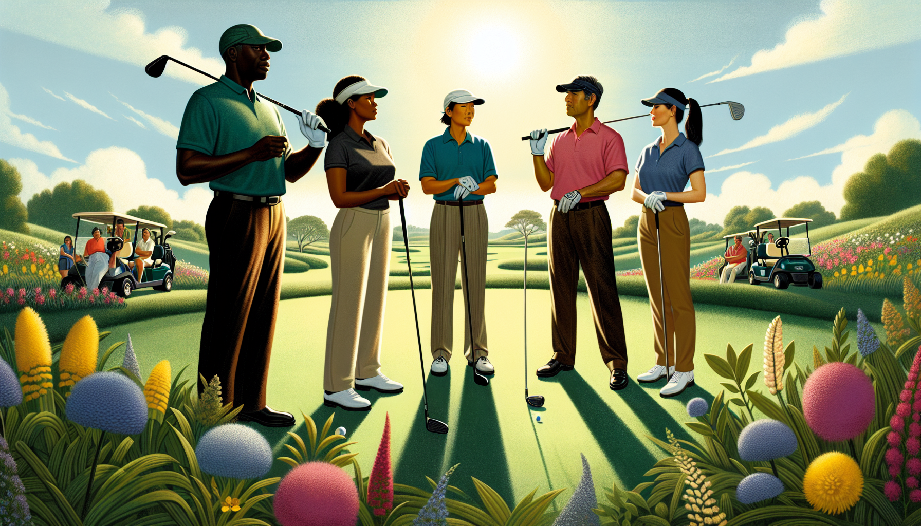 En illustration av fyra spelare som spelar Foursome Golf.