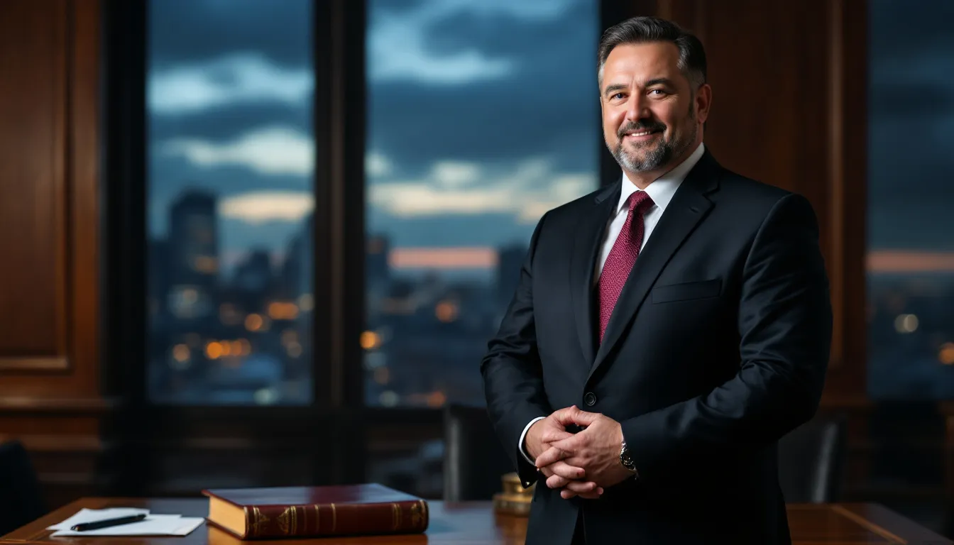 The image depicts a lawyer standing confidently in a courtroom, surrounded by legal books and documents, symbolizing the intricate relationship between constitutional law and due process protections, including the rights guaranteed by the Fourteenth and Fifth Amendments. The setting emphasizes the importance of fair legal proceedings and the role of judicial officers in upholding the due process clause of the United States Constitution.