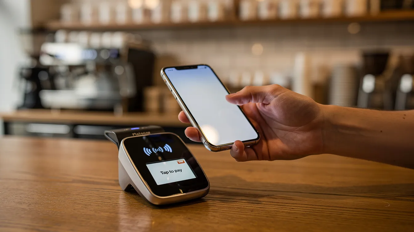 A person is holding a smartphone displaying a mobile banking app near a contactless payment terminal in a cozy coffee shop, ready to make a payment. The scene highlights the convenience of contactless payments, such as those made with an HSBC debit card, for everyday banking transactions.