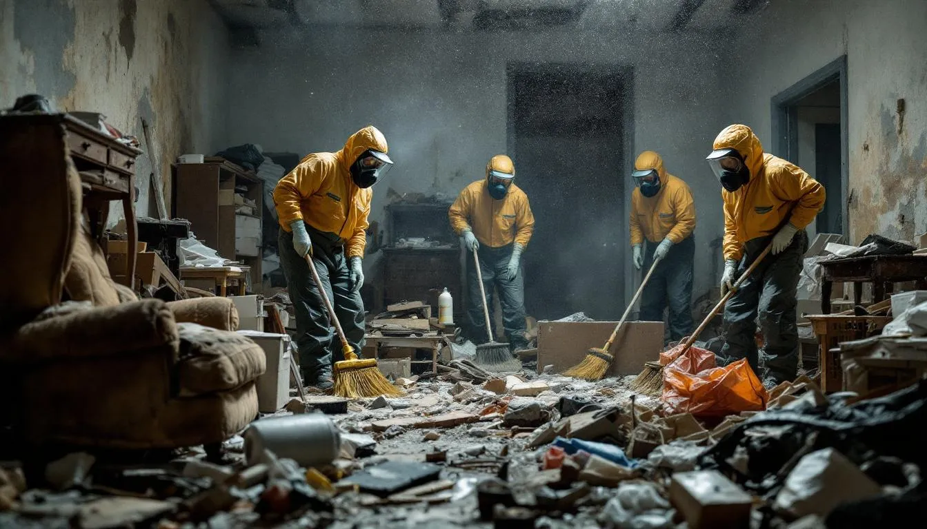 In a cluttered room, a professional cleanup crew wearing protective equipment diligently works to address the severe clutter, assisting in the hoarding cleanup process. Their efforts reflect the sensitive nature of hoarding situations, as they help restore the living space for individuals affected by hoarding disorder.